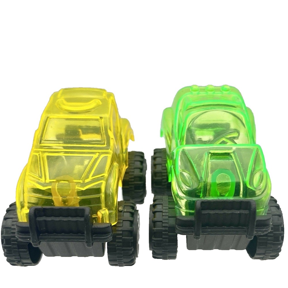 Pull Back Car Miniature Racer Yellow Green Translucent Plastic Rubber Tires